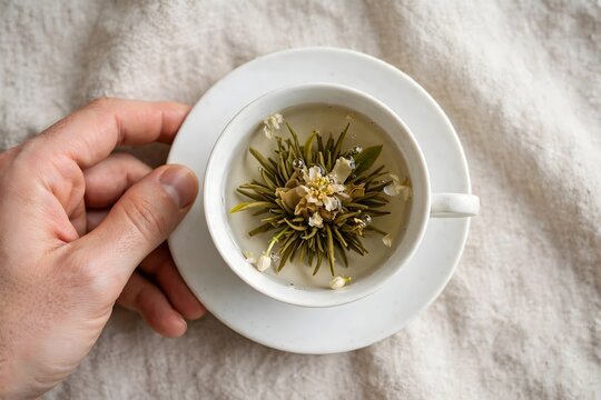 Hand Holding a Delicate Blooming Tea in a White Cup