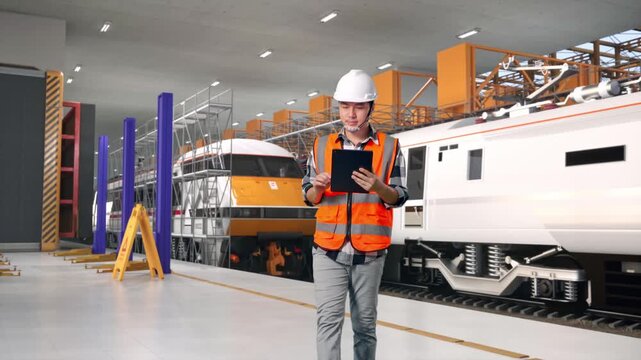 Front View of Asian Male Engineer Use Tablet While Walking at Train Locomotives Maintenance Depot Scaffolding
