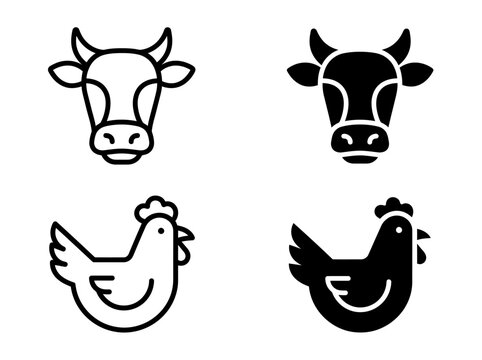 Farm animal head icons cow and chicken in outline and solid styles