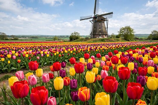 Vibrant Tulip Field with Traditional Dutch Windmill