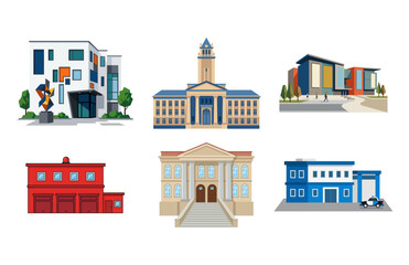 Fototapeta premium A Collection of Various Modern and Traditional Public Building Architectural Illustrations for Urban Planning Design