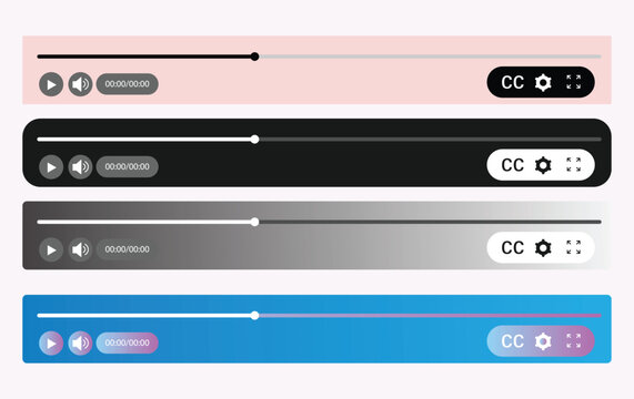 Media video player UI bar vector collection with play button, &nbsp;subtitle option, and full screen icon UI elements, timeline progress slider, volume control, and closed caption settings