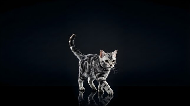Cute silver tabby cat walking against a dark background with reflection
