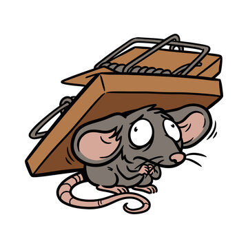 Cartoon mouse trapped under a wooden mousetrap.