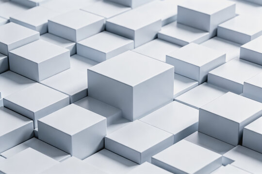 A 3D arrangement of white cubic blocks in a structured grid layout, forming a minimalist geometric composition.