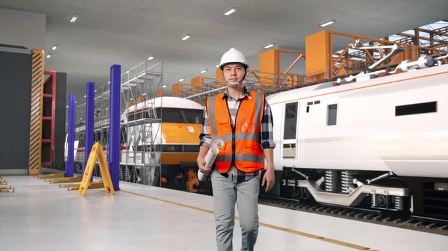 Front View of Asian Male Engineer Holding Blueprint While Walking at Train Locomotives Maintenance Depot Scaffolding