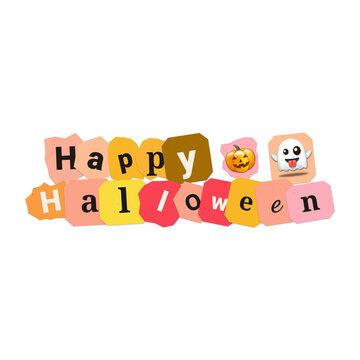 Happy Halloween ransom note text, colorful paper cutout typography, spooky holiday greeting with pumpkin and ghost icons
