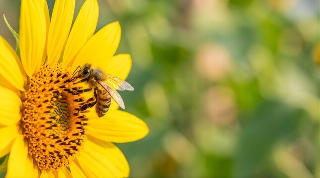 Honey bee collecting nectar on a bright yellow sunflower in summer
