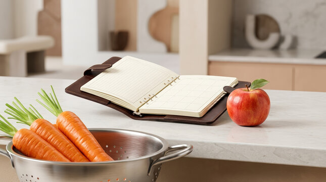 Open diet planner notebook with fresh carrots in colander and red apple on kitchen counter. Healthy nutrition and meal planning concept