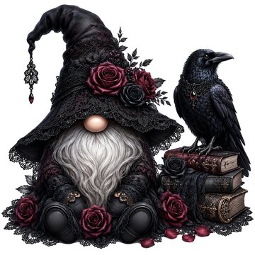 A whimsical gnome with a black hat and rose accents sits beside a raven, embodying a mystical vibe.