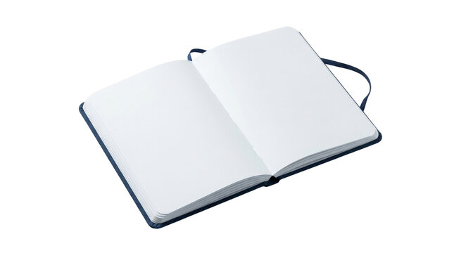 Open blank notebook with white pages, dark blue hardcover journal, minimalist paper mockup for sketching and writing on white background