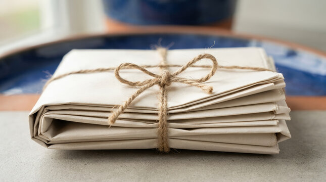 Stack of folded newspapers tied with jute twine string. Paper recycling and archive bundle concept