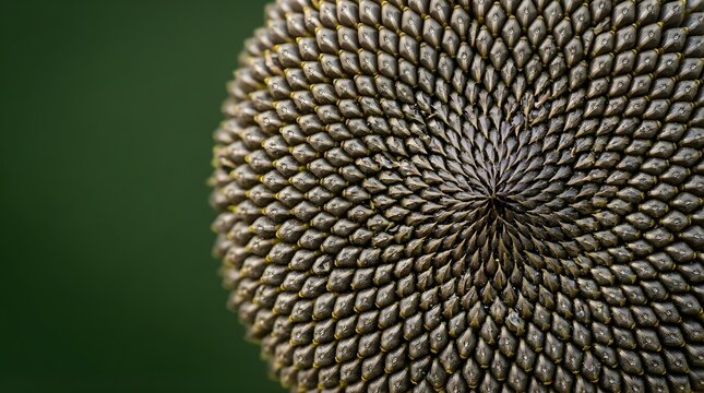 Macro close-up of sunflower seeds arranged in a natural spiral pattern