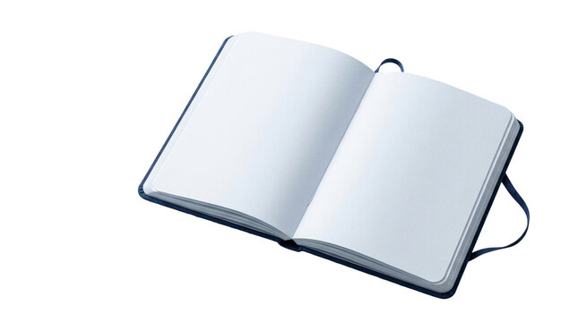 Open blank notebook with blue cover, empty white pages for sketching, minimalist journal mockup on white background