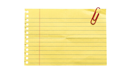 Yellow ruled legal pad paper sheet with red paperclip. © NURAESHA