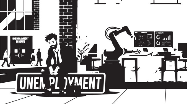 Technological unemployment and automation, a person sits dejectedly near a robotic arm in a factory setting