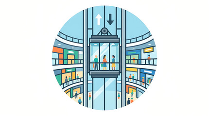 Fototapeta premium Modern shopping mall elevator with people traveling between levels, showcasing retail commerce and vertical movement within a vibrant building.