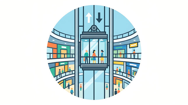 Modern shopping mall elevator with people traveling between levels, showcasing retail commerce and vertical movement within a vibrant building.