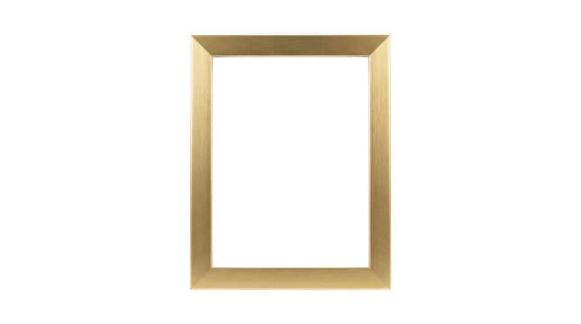 Elegant gold picture frame, minimalist metallic border for art, vertical golden photo frame isolated on white background
