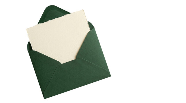 Elegant dark green envelope with blank cream card, luxury paper stationery mockup, minimalist invitation letter on white background