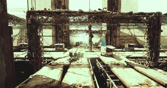 open industrial yard leading toward waterfront broad platforms, scattered crates, distant waterline, weathered metal, stacked pallets, textured ground,