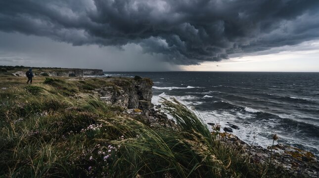 Dramatic Storm Clouds Gathering Over a Rugged Coastal Cliffside in Australia with Choppy Ocean Waves Crashing Against the Rocky Shoreline During an Impending Rain Event