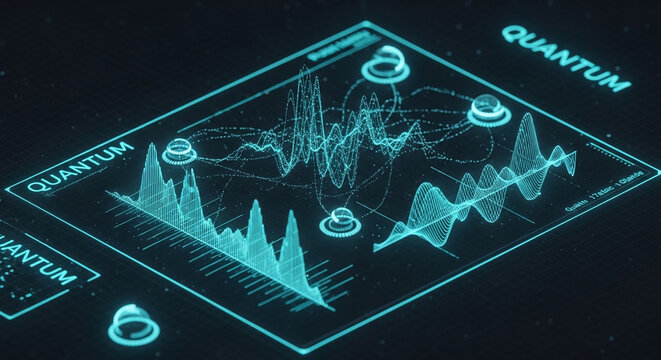 Futuristic holographic quantum data visualization interface displaying complex waveforms and analytical graphs.