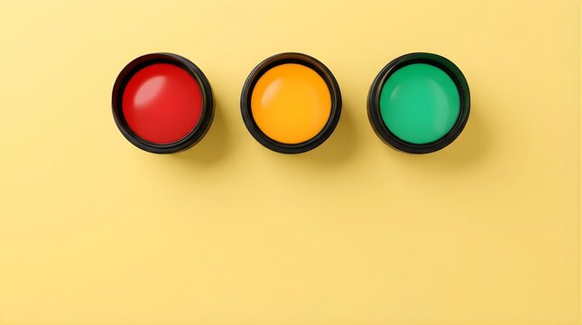 Traffic light signals with red, amber, and green buttons on yellow background