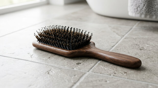 Wooden hairbrush resting on stone tile bathroom floor. Natural bristle hair brush beside white bathtub