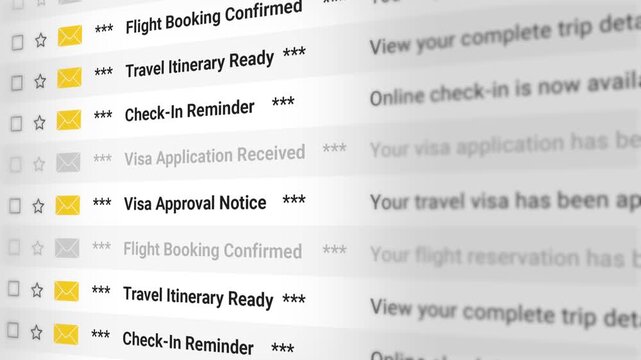 Visa and Travel Email Scrolling List. Visa Application Received, Approval Notice, Flight Booking Confirmed, Travel Itinerary Ready, Check-In Remainder. 2D Video Animation