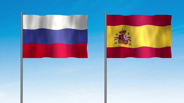 Flag of Spain and Russia, Pole flag of Spain and Russia on clear sky background. Spain and Russia flag waving. 

