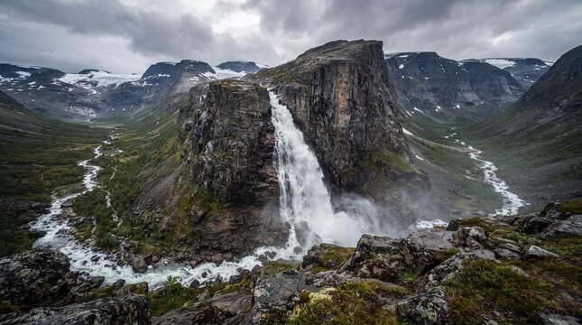 A majestic waterfall cascading down a sheer rock face into a lush river valley in the Norwegian mountains, framed by dramatic rocky foreground and snowy peaks under a moody, overcast sky.