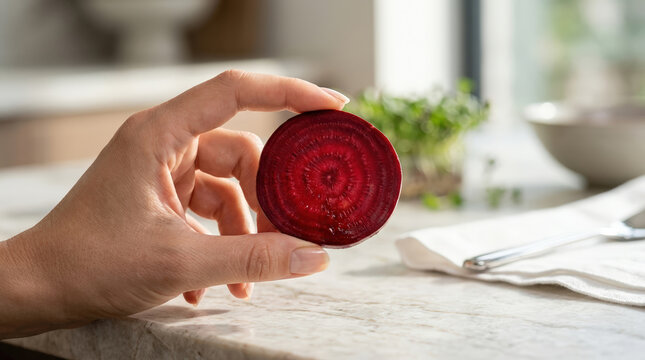 Hand holding fresh raw red beetroot slice over kitchen counter. Healthy vegan vegetable food concept