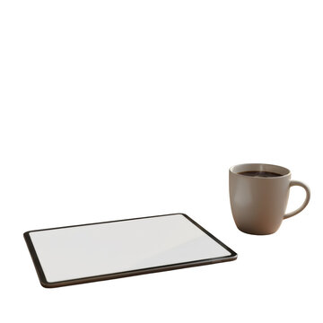 A sleek modern tablet with a blank white screen and a minimalist white coffee mug steaming on a rustic wooden table in a cozy, sunlit living room, quiet morning routine concept