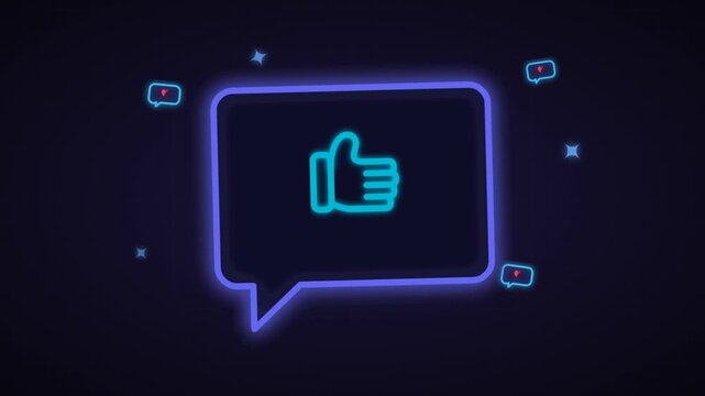 Neon blue thumbs up icon in a speech bubble glowing on dark background for social media like and engagement feedback animation