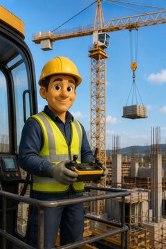 Construction Worker Operating a Crane on Site