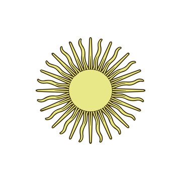 Yellow sun icon with wavy rays, flat vector illustration of a summer weather symbol.