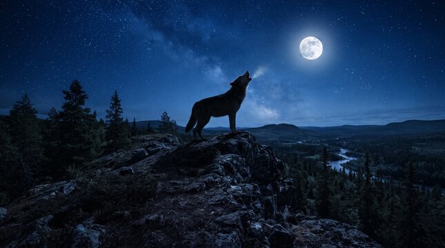 A majestic silhouette of a lone wolf howling towards a bright full moon against a dark blue starry night sky over a mountainous landscape with pine trees and a winding river below
