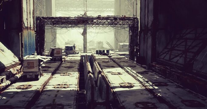 spacious industrial transfer hub with gantries and parallel service lanes, methodical arrangement of tracks and containers, muted palette and steady light evoke