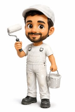 3D Painter Character With Paint Roller And Bucket