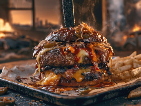 juicy double beef burger with melted cheese jalapenos crisp bacon barbecue sauce knife stabbed in dark background delicious gourmet fast food meal serving with french fries on tray photo
