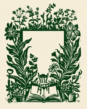 linocut style garden illustration blank frame banner surrounded by botanical plants flowers chair and open book linocut print green and beige organic floral frame template background design
