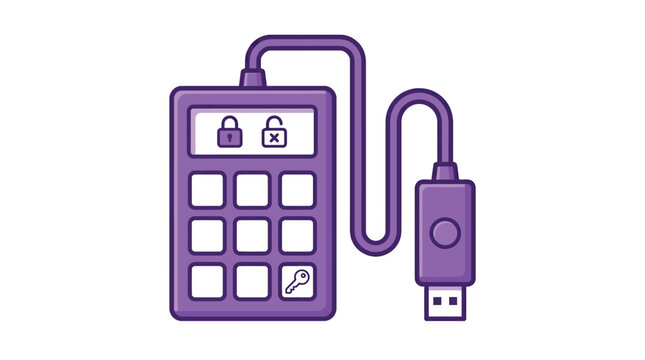 Purple vector graphic illustration depicting a digital security hardware device with connected usb cable port interface