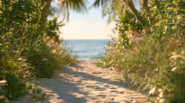 sandy pathway through lush green tropical plants leading to blue sea beach sunny ocean view entrance tropical foliage pathway nature outdoor coast background landscape photo
