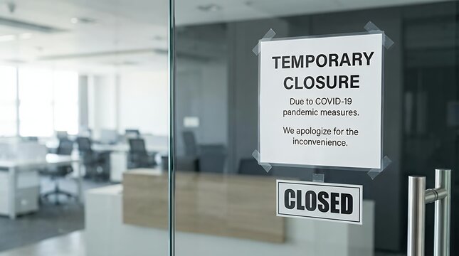 Sign indicating temporary closure posted in front of office due to coronavirus representing business shutdown and pandemic measures sign in front of office is temporarily closed Sign Coronavirus in
