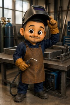 Welder With Raised Welding Helmet In A Workshop