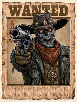 wild west wanted poster illustration skeleton zombie cowboy pointing gun revolver wearing hat scarf poster border background halloween horror western style vintage drawing artwork