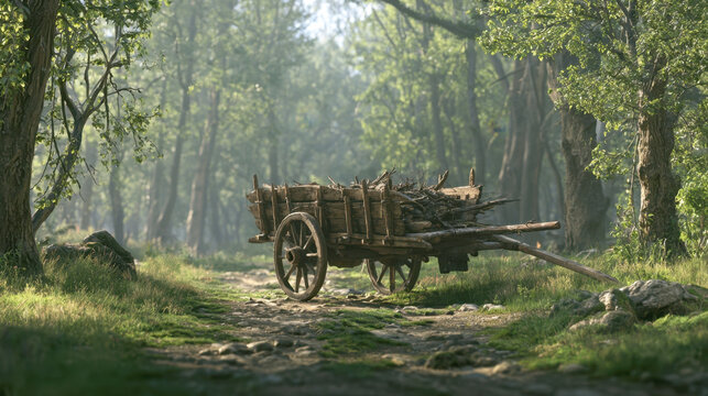 old wooden cart filled with firewood standing on dirt path in misty forest countryside road ancient rural transport wooden wagon green woods sun rays landscape photography