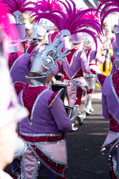 Vibrant purple costumes flash under parade lights. Feathered headdresses glow with festive energy.dng