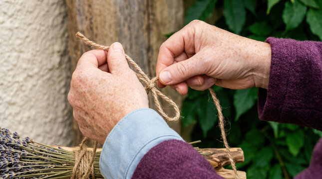 Close up of hands tying rough twine knot around dried lavender bouquet. Artisan making herbal botanical bundle
